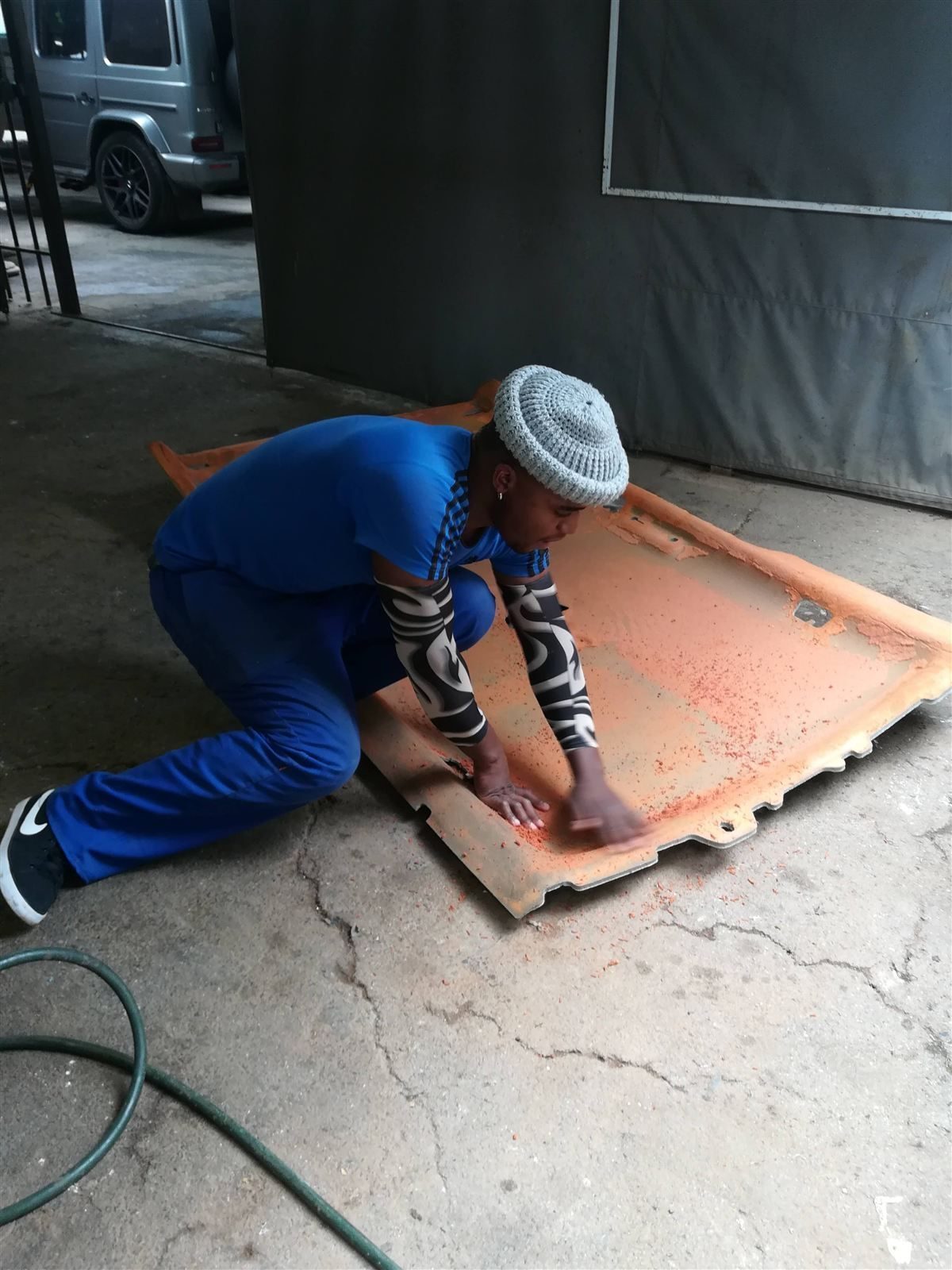 Roof lining installation in progress